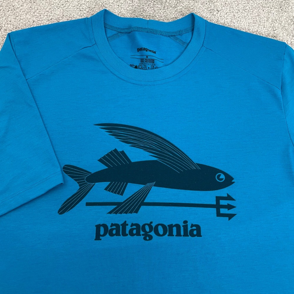 Patagonia Flying Fish T Shirt Mens Medium Trident Logo Graphic Tee Blue